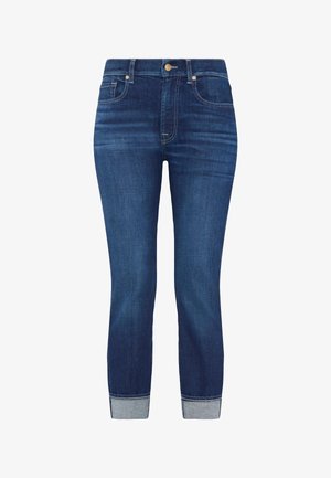 Denim jeans i mørkeblå farve med et klassisk design, der har lige pasform, optrukket kant og subtile blegninger rundt om lårene.