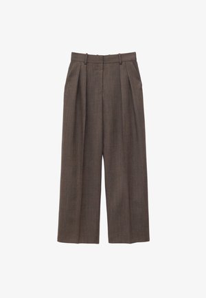 Brune, højtsiddende bukser med vide ben, bæltestropper, læg foran og sidelommer, vist på en hvid baggrund.