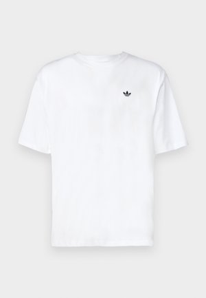 White cotton short-sleeve t-shirt featuring a small black logo on the left chest area. Round neckline and relaxed fit.