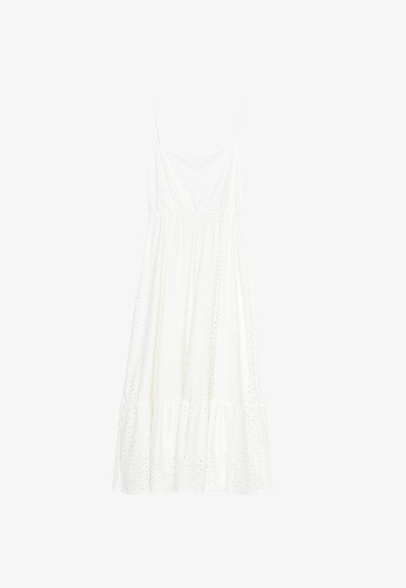 Vit ärmlös klänning med rund halsringning, tillverkad av ögonlet tyg, med en samlad midja och ett skört i lager. Mjuk textur och lättviktig.