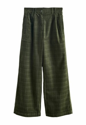 Grüne weite Hosen aus strukturiertem Stoff mit Karomuster, mit einem Knopfverschluss und seitlichen Taschen.