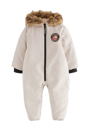 Svetlo bež snowsuit s umetnim krznom na kapuci. Ima sprednji zadrgo, rebraste manšete in okroglo nalepko na prsih. Mehka, izolirana tkanina.
