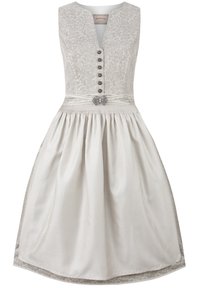 Helles graues Kleid mit einem dekorativen Muster, V-Ausschnitt, Knöpfen vorne und einem plissierten Rock. Verfügt über einen Taillenbund mit floralen Hardware-Akzenten.