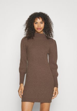Brown ribbed knit dress with a high neck, fitted silhouette, and long puff sleeves. Smooth texture and mid-thigh length design.