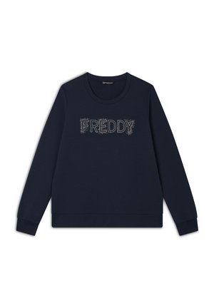 Felpa blu navy realizzata in tessuto morbido, con colletto a girocollo e maniche lunghe. Sul davanti è presente la scritta "FREDDY" con decorazioni in strass.