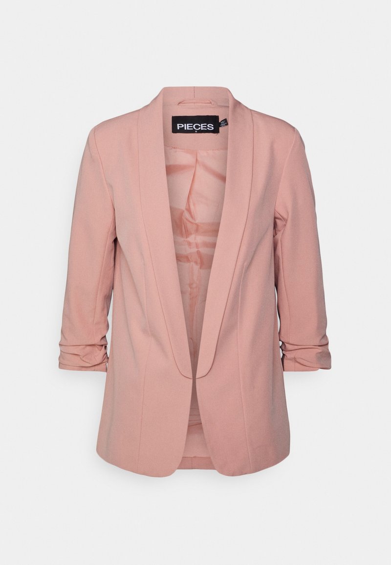 Light pink women's blazer with ruched three-quarter sleeves and shawl collar, labeled "Pieces," shown front view on white background.