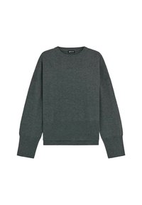 Maglione grigio a maglia con scollatura rotonda, maniche lunghe e orlo a coste. Presenta dettagli di cucitura sottili lungo le spalle e i lati.