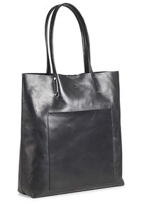 Juodas odinis rankinukas su lygiu paviršiumi, dviem petnešomis ir priekinėmis kišenėmis. Minimalistinis dizainas be matomų metalinių detalių.