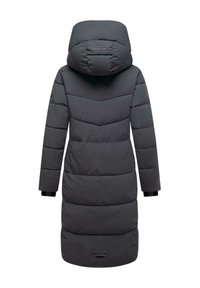 Long, puffy coat in dark grey, featuring a large hood, chevron stitching, and black cuff accents. Brand logo displayed at the bottom.