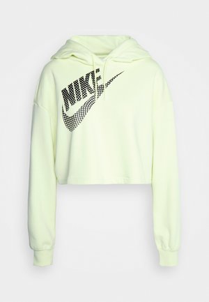 Kort hoodie i ljusgul tyg med huva. Har en stor svart Nike-logotypdesign på framsidan och långa ärmar.
