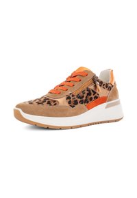 Leopard print sneaker with tan suede and orange accents, featuring a textured upper, lace-up design, and a white rubber sole with a slight lift.