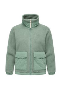 Giacca in pile verde chiaro con zip, colletto alto, tasche a patta trapuntate e polsini elastici, mostrata su sfondo bianco.