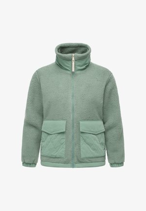 Light green zip-up fleece jacket with high collar, quilted flap pockets, and elastic cuffs, shown on white background.
