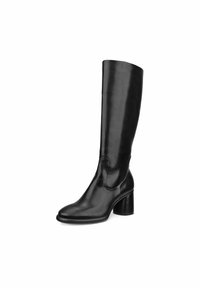 Bottes en cuir noires montantes à bout carré, avec un talon bloc et des découpes latérales. Texture lisse et design minimaliste épuré.