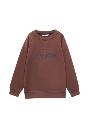 Sweatshirt marron avec un col rond, des manches longues et le mot "Sunday" brodé en marron foncé sur la poitrine.