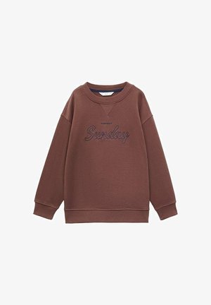 Felpa marrone con scollo tondo, maniche lunghe e testo ricamato "Sunday" in marrone scuro sul petto.