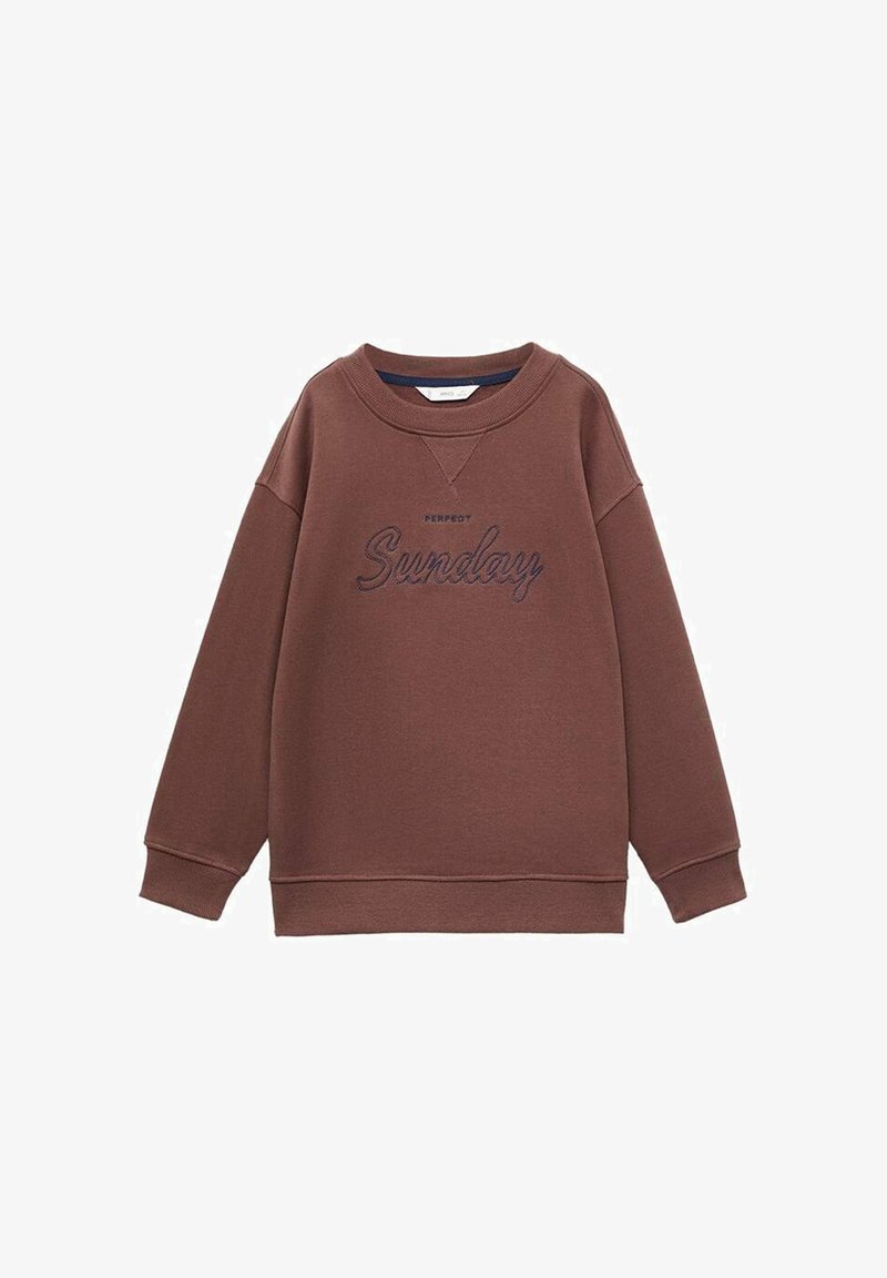 Brahno srajca s krožnim izrezom, dolgimi rokavi in vezenim napisom "Nedelja" v temneje rjavi barvi na prsih.