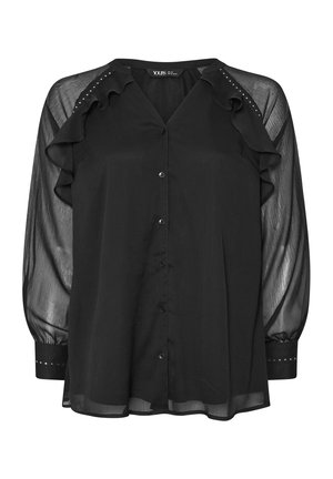 Schwarze Bluse mit rüschfront, transparenten Puffärmeln und silbernen Nietenapplikationen auf den Schultern. Knopfdesign mit klassischem Kragen.