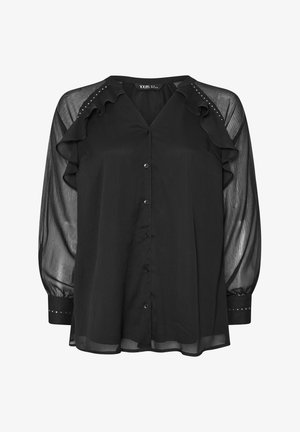 Schwarze Bluse mit rüschfront, transparenten Puffärmeln und silbernen Nietenapplikationen auf den Schultern. Knopfdesign mit klassischem Kragen.