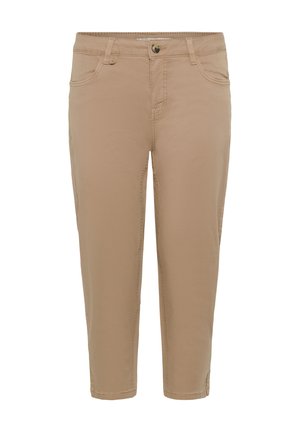 Pantalon capri couleur fauve en tissu doux, avec un bouton à l'avant, une braguette zippée, et cinq poches avec des coutures décoratives sur les coutures.