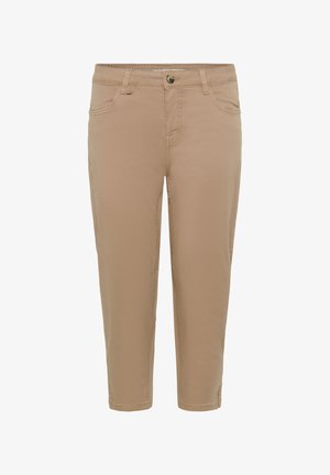 Bēšas kapri bikses no mīksta auduma ar priekšējo pogu, rāvējslēdzēju un piecām kabatām ar šuvju izšuvumiem.