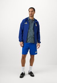 Sportska odjeća koja se sastoji od plave jakne s zlatnim detaljima, prugaste plave majice i plavih šortseva. Crne cipele i bijele čarape upotpunjuju izgled.