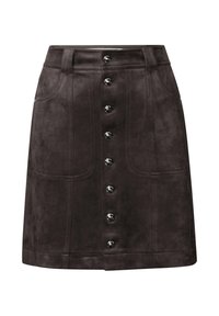 Jupe en daim marron avec fermeture à boutons sur le devant, deux poches avant et couture ton sur ton. Silhouette droite avec une coupe mi-longue.