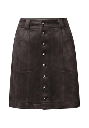Jupe en daim marron avec fermeture à boutons sur le devant, deux poches avant et couture ton sur ton. Silhouette droite avec une coupe mi-longue.