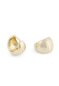 Gold-toned metal hoop earrings with a smooth, polished finish and curved design. Features a subtle hinge for secure closure.