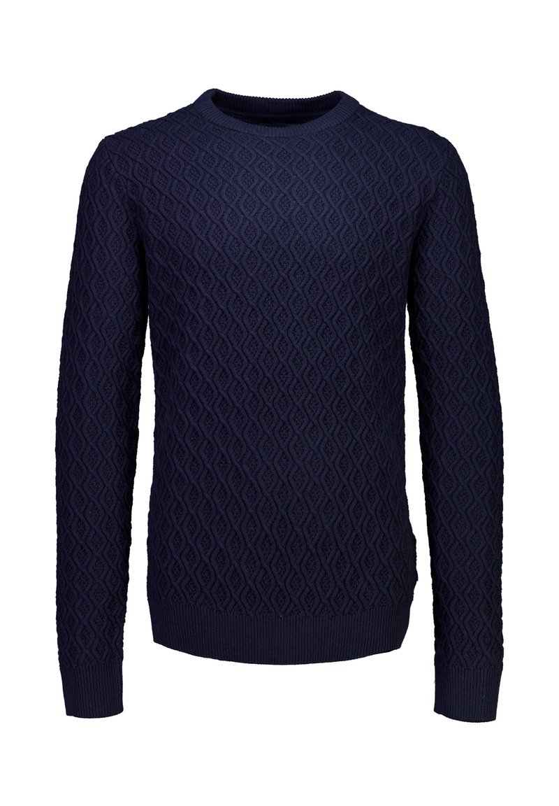Maglione lavorato a maglia blu navy con un motivo a diamante testurizzato, collo rotondo e cuffie e orlo a coste. Maniche lunghe, tessuto di spessore medio.