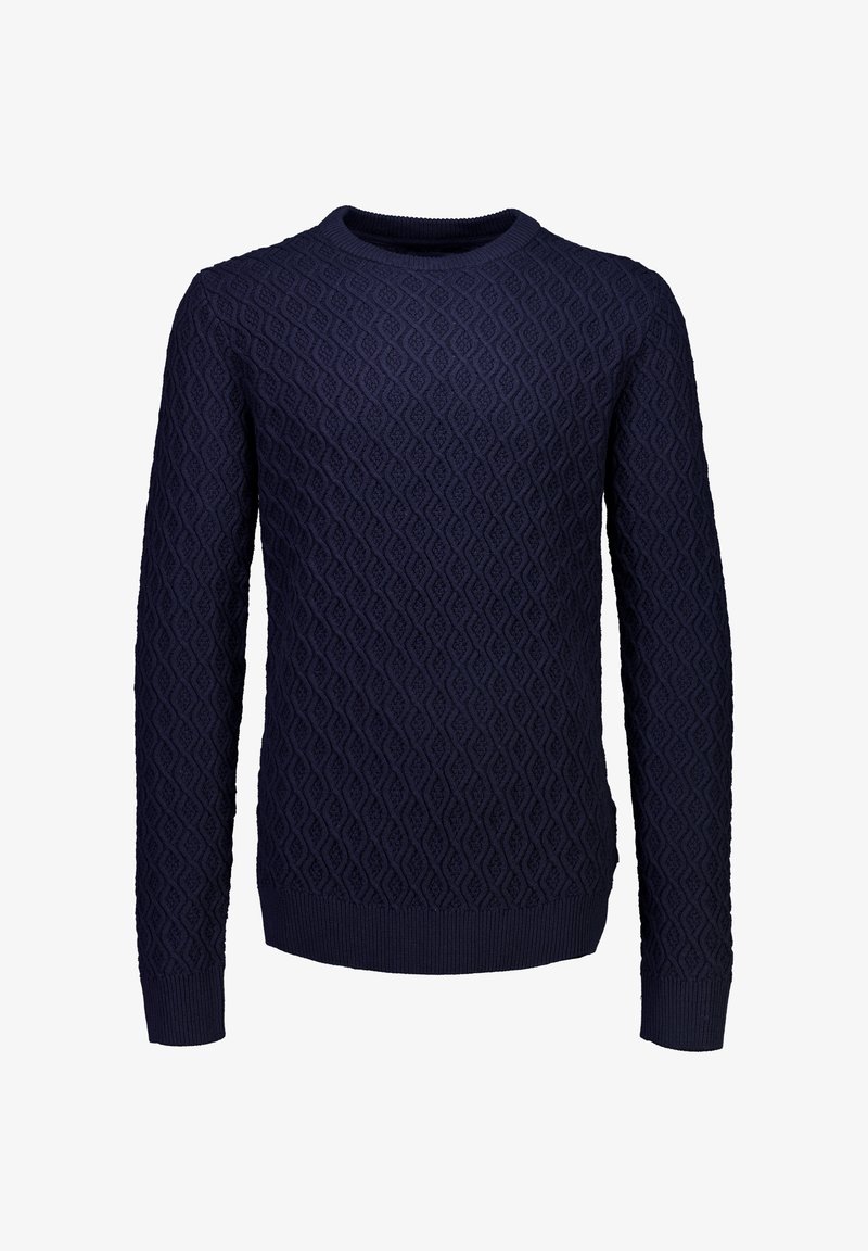 Marineblauer Strickpullover mit strukturiertem Rautenmuster, Rundhalsausschnitt und gerippten Bündchen und Saum. Lange Ärmel, mittelschwere Stoffqualität.