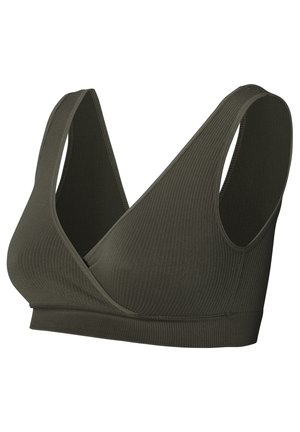Olive green ribbed fabric sports bra with wide straps and a deep V-neckline, designed for comfort and support.