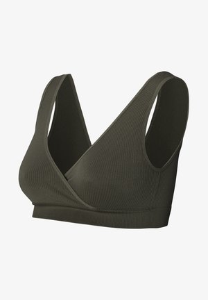 Soutien-gorge de sport en tissu côtelé vert olive avec de larges bretelles et un décolleté en V profond, conçu pour le confort et le maintien.