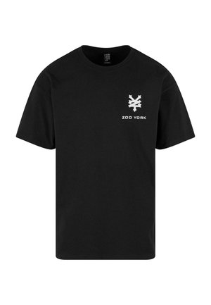 Sort bomulds T-shirt med rund halsudskæring, korte ærmer og et hvidt grafisk logo med et stiliseret design og teksten "ZOO YORK" på brystet.