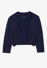 Granatowy sweter z dzianiny z otwartym przodem, rękawami o długości trzy czwarte i gładką fakturą. Wewnątrz znajduje się metka z napisem "ANNA FIELD".