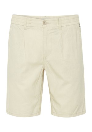 Shorts en coton beige avec une taille élastique, une fermeture à bouton, deux poches latérales et une coupe droite.