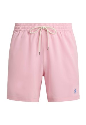 Short de bain homme rose avec taille élastique et cordon blanc, avec petit logo bleu brodé sur la jambe gauche.