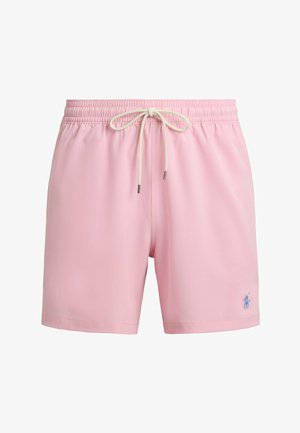 Costume da bagno da uomo rosa con vita elastica e coulisse bianca, con piccolo logo ricamato blu sulla gamba sinistra.