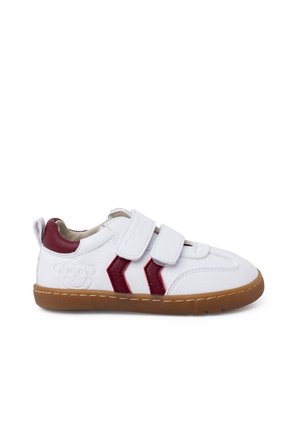 White leather sneaker with burgundy accents and Velcro straps. Features rubber sole, textured patterns, and a bear logo on the heel.