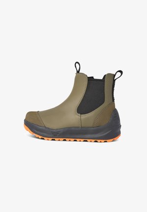 Waterproof ankle boots in olive green with black stretchy sides, a textured toe cap, and orange rubber sole for traction.