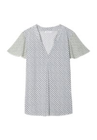 Blouse à manches courtes avec décolleté en V, ornée d'un motif d'ovales verts et bleu marine sur fond blanc. Tissu léger et doux.