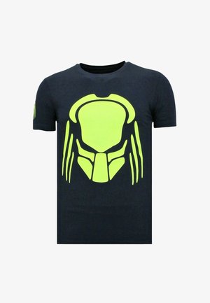 Zwart katoenen t-shirt met een grote neon groene predator-masker-afbeelding op de voorkant. Korte mouwen, ronde hals.