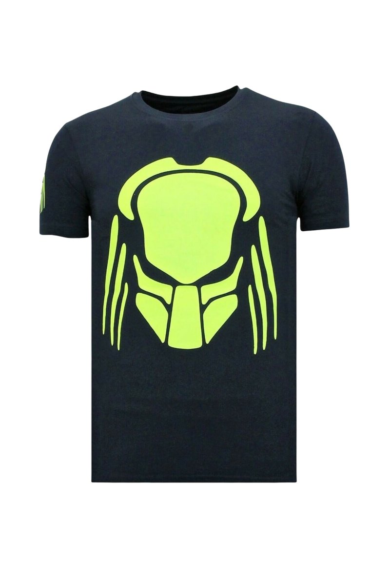 Zwart katoenen t-shirt met een grote neon groene predator-masker-afbeelding op de voorkant. Korte mouwen, ronde hals.