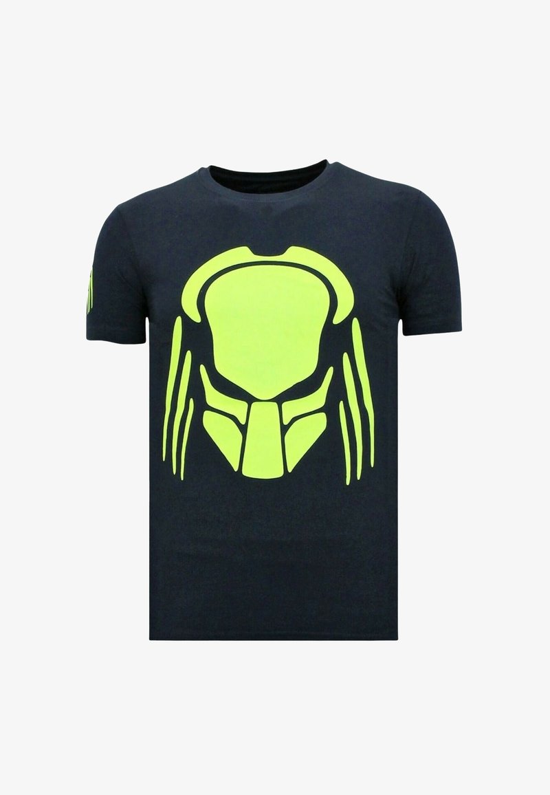 Zwart katoenen t-shirt met een grote neon groene predator-masker-afbeelding op de voorkant. Korte mouwen, ronde hals.