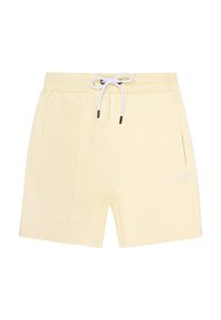 Light yellow shorts made of soft fabric, featuring an elastic waistband with a drawstring, two side pockets, and embroidered logo detail.