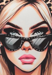 Gafas de sol negras adornadas con strass claros, colocadas sobre una ilustración estilizada de un rostro con cabello rubio claro y rasgos de maquillaje llamativos.