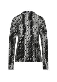 Maglione a maniche lunghe con un motivo geometrico in bianco e nero, con scollatura rotonda e tessuto a maglia testurizzata.