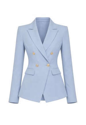 Blazer doppiopetto su misura azzurro chiaro con ampi revers, bottoni dorati e tasche con pattina, progettato per una silhouette sagomata.