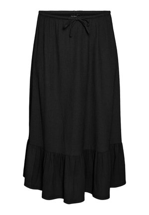 Schwarzer Midirock mit elastischem Bund, Kordelzug und gerafftem Saum.