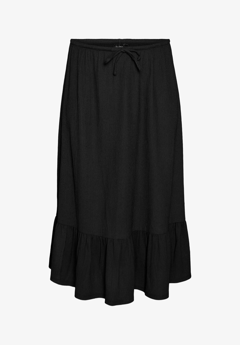 Falda midi negra con cintura elástica, cordón ajustable y dobladillo con volantes.